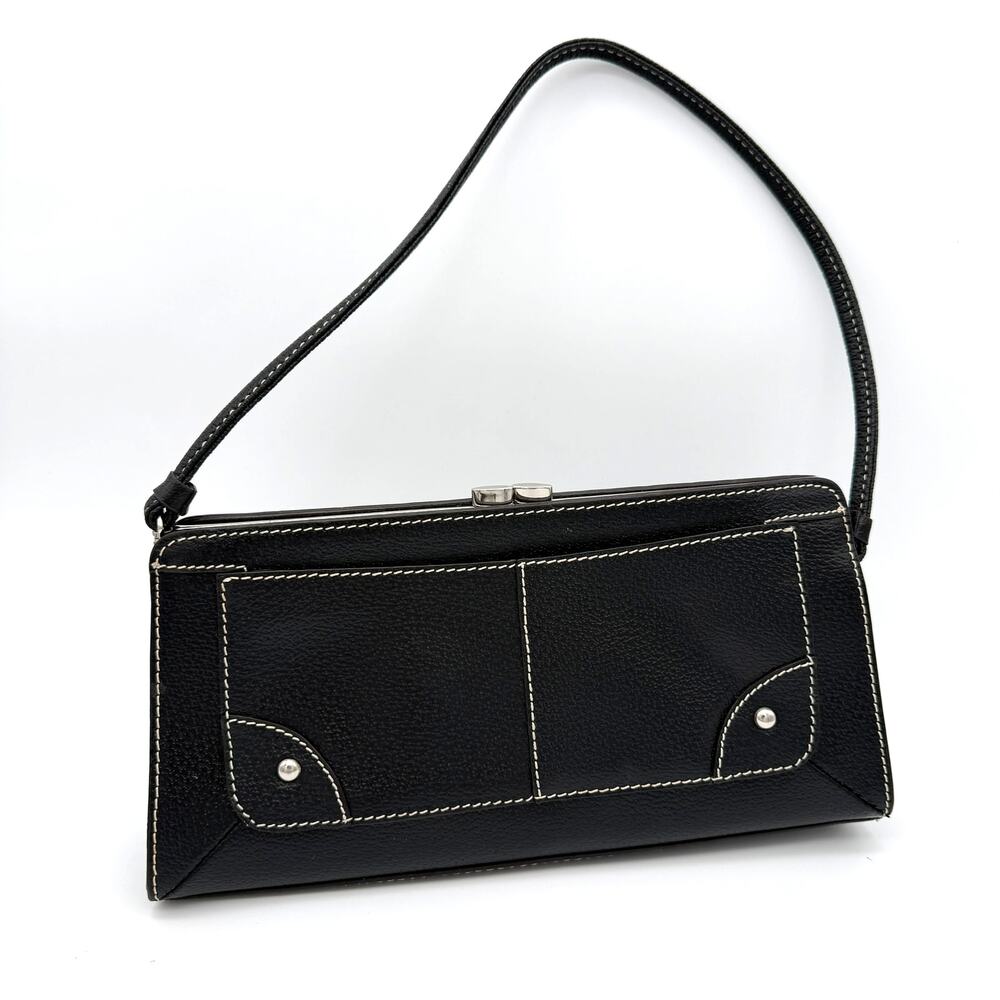 Vintage Black Leather Blend Kiss Lock Shoulder Bag Wristlet Contrast Stitch Y2K